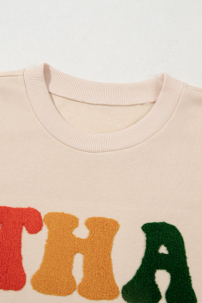 Apricot THANKS Chenille Embroidered Drop Shoulder Graphic Sweatshirt