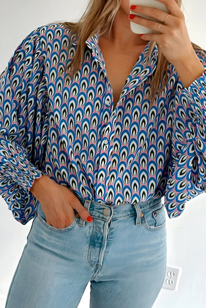 Sky Blue Abstract Print Shirred Cuff Buttoned Oversized Shirt