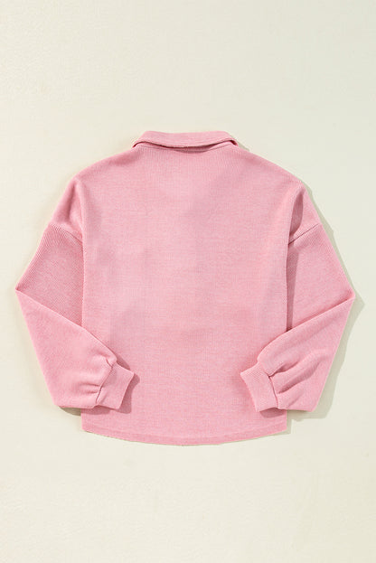 Pink Ribbed Knit Collared Henley Top with Chest Pocket