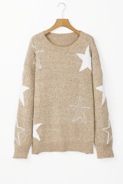 Khaki Star Pattern Drop Shoulder Plus Size Sweater