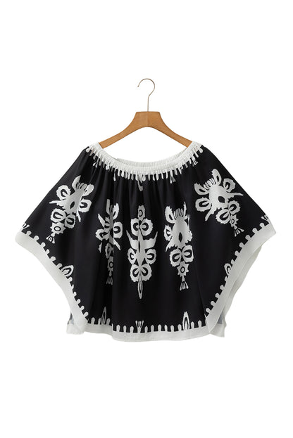 Black Tribal Printed Off Shoulder Loose Sleeve Blouse