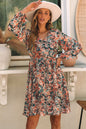 Brown Geometric Print Long Sleeve Surplice Flowy Dress